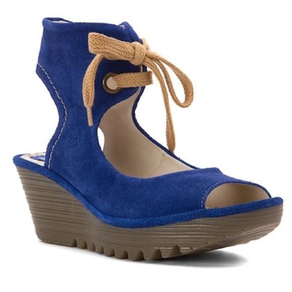 Fly London Yaffa Blue Suede Wedge Sandals Euro 36 / US 5.5-6 Lace Up Open Toe - Picture 1 of 8